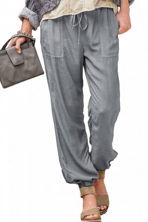 Серые повседневные штаны с эластичным поясом на шнуровке и карманами