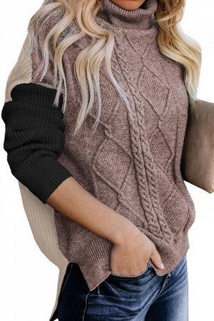 Бежево-коричневый свитер блочной расцветки с высоким воротом и объемным узором