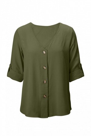 Зеленая блуза на пуговицах и с хлястиками на рукавах