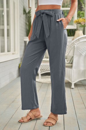 Серые широкие повседневные штаны с резинкой на талии и завязками