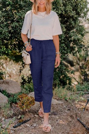 Синие штаны с эластичными поясом на шнурке и карманами