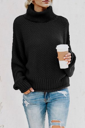 Черный свитер с выпуклым узором, широкими рукавами и высоким воротом