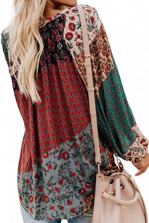 Разноцветная блуза с длинными рукавами и цветочным узором в крестьянском стиле
