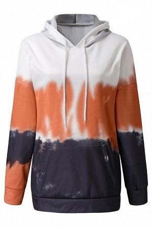 Черно-оранжево-белый пуловер градиентной расцветки с капюшоном и карманом-кенгуру