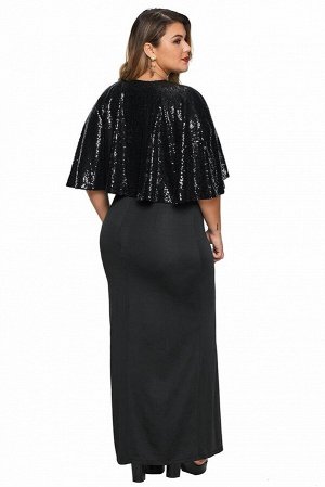 Черное приталенное платье с расшитой пайетками пелериной и разрезом на юбке