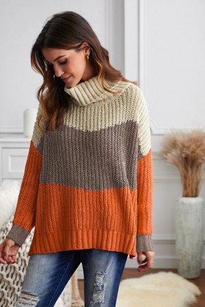 Трехцветный свитер-водолазка: оранжевый, серый, бежевый
