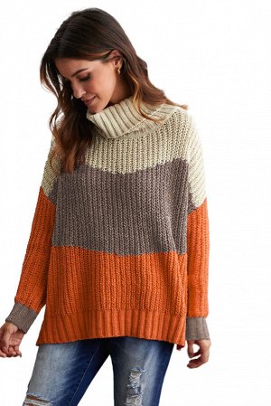 Трехцветный свитер-водолазка: оранжевый, серый, бежевый