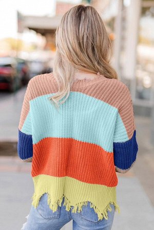 Абрикосовый пуловер с разноцветными полосами и "рваными" краями