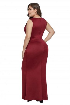 Красное приталенное макси платье с разрезом и воланом на юбке