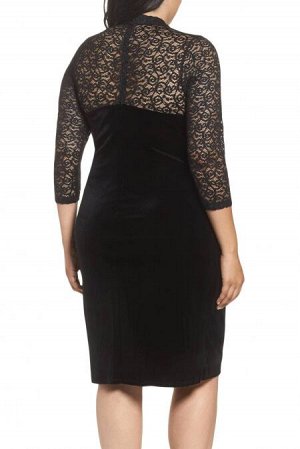 Черное бархатное платье-футляр с кружевными рукавами