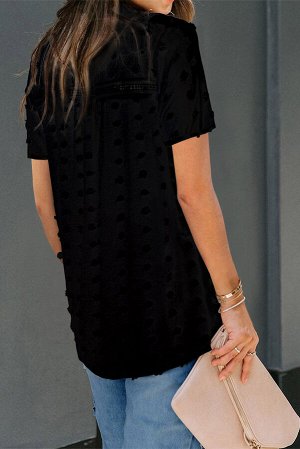 Черная блуза в горошек с короткими рукавами и воротником-стойка