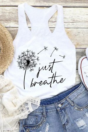Белая майка с принтом одуванчик и надписью: Just Breathe