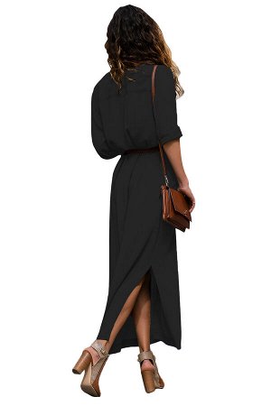 Черное макси платье на пуговицах с поясом и боковыми разрезами