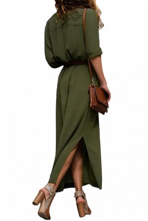Зеленое платье-рубашка с поясом и разрезами по бокам