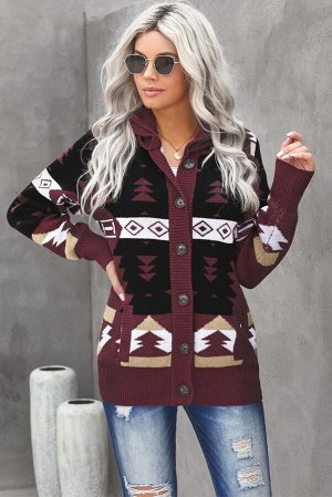Бордово-черный свитер-худи с застежкой на пуговицы и разноцветным скандинавским принтом