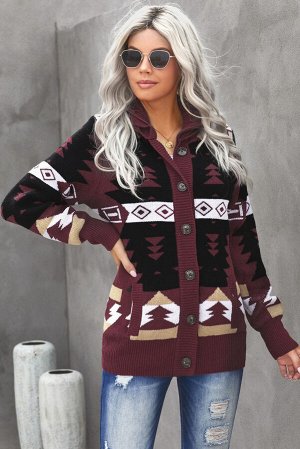 Бордово-черный свитер-худи с застежкой на пуговицы и разноцветным скандинавским принтом