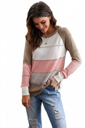 Бежевый вязаный свитер в разноцветную полоску с перфорацией