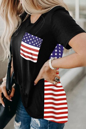 Черная футболка с нагрудным кармашком и принтом американского флага