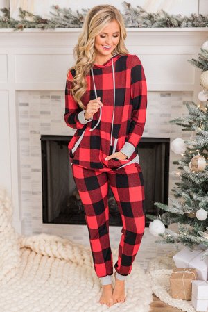 Красно-черный клетчатый рождественский пижамный комплект: худи с карманом-кенгуру + штаны