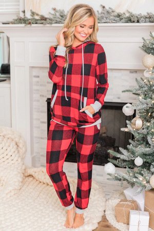 Красно-черный клетчатый рождественский пижамный комплект: худи с карманом-кенгуру + штаны