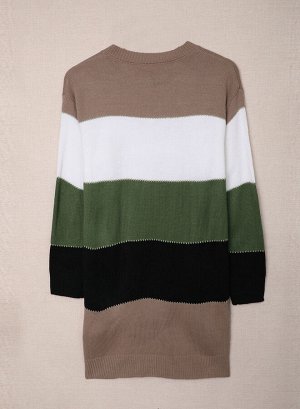 Бежевое вязаное платье-свитер в разноцветную полоску