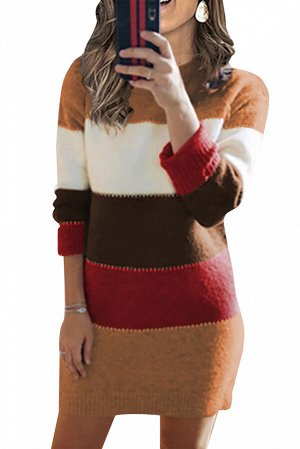 Коричневое вязаное платье-свитер в разноцветную полоску