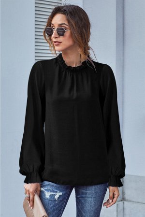 Черная блуза с воротником-стойкой с рюшами и пышными рукавами