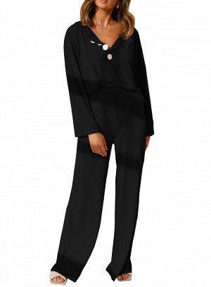 Black Long Sleeve Buttoned Wide Leg Lounge Wear