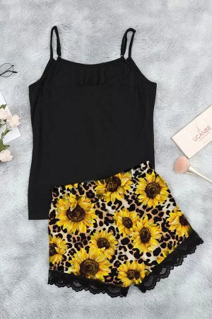 Leopard Sunflower Lace Cami Loungewear Set