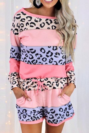 Leopard Stitching Colorblock Long Sleeve and Shorts Lounge Set