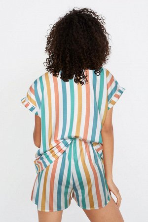 Multicolor Striped Turn-down Collared Pajamas Set