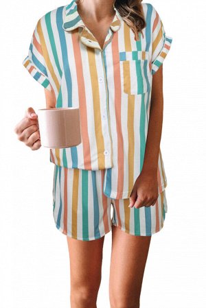 Multicolor Striped Turn-down Collared Pajamas Set