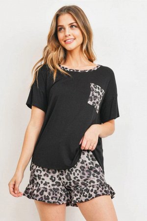 Черный леопардовый пижамный комплект: шорты с рюшами + футболка с нагрудным карманом