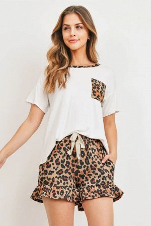 White Top Leopard Pocket and Short Lounge Set