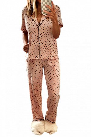 Pink Dotted Print Notched Collar Pajamas Set