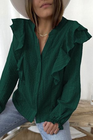 Зеленая рубашка в горошек с пышными рукавами и рюшами