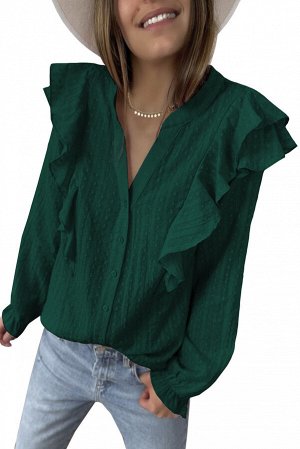 Зеленая рубашка в горошек с пышными рукавами и рюшами
