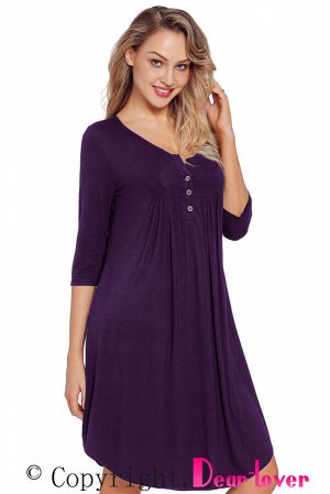 Фиолетовое платье-туника с рукавами 3/4 и пуговицами на груди