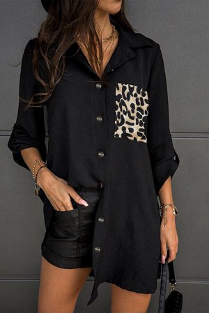 Черная рубашка оверсайз с леопардовым кармашком