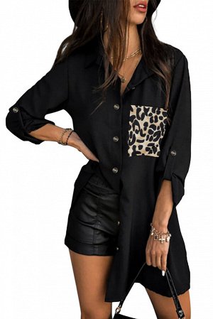 Черная рубашка оверсайз с леопардовым кармашком