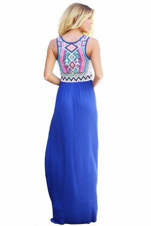 Синее макси платье с ацтекским орнаментом на топе