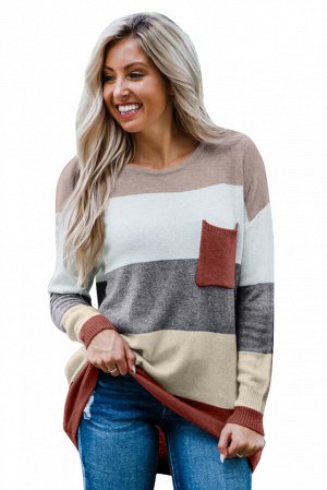 Бежевый свитер в разноцветную полоску с нагрудным карманом