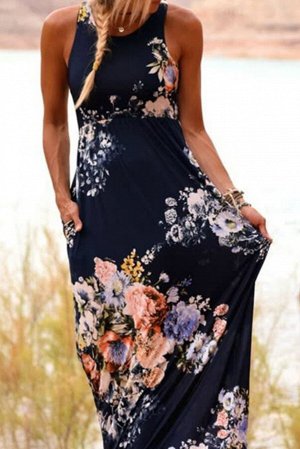 Темно-синее платье макси с высокой талией и цветочным принтом