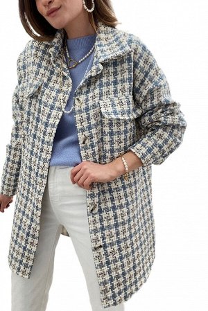 Голубое пальто с нагрудными карманами и разноцветным узором