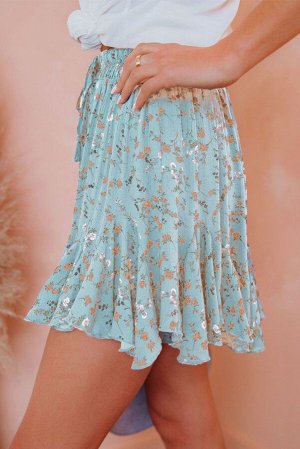 Бирюзовая мини-юбка с рюшами и цветочным принтом