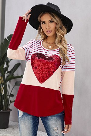 Красный полосатый топ с длинными рукавами и пайетками в форме сердца