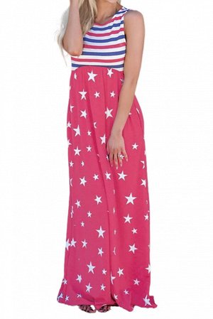 Розовое полосатое платье майка с карманами и звездным принтом