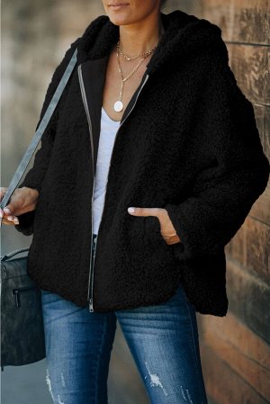 Черная мешковатая куртка из шерпы с капюшоном и карманами