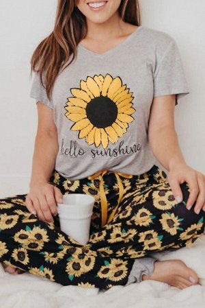 Серо-черный комплект для отдыха с принтом подсолнухи: футболка с надписью: Hello Sunshine + свободные штаны на шнуровке