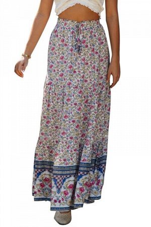 Светлая юбка-колокол с пестрым цветочным принтом и резинкой со шнурком в талии